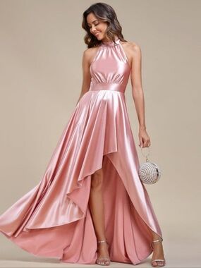 Ever Pretty Belly Collar Pink Satin Halter Hi-Lo Dress Sz L NWT Formal